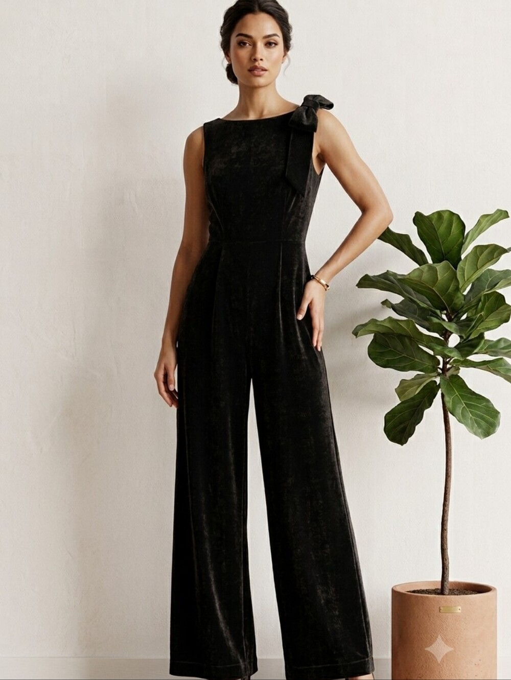 Julia Jordan Black Velvet Jumpsuit Women’s 8 | Sleeveless Satin Bow Shoulder - Picture 1 of 7